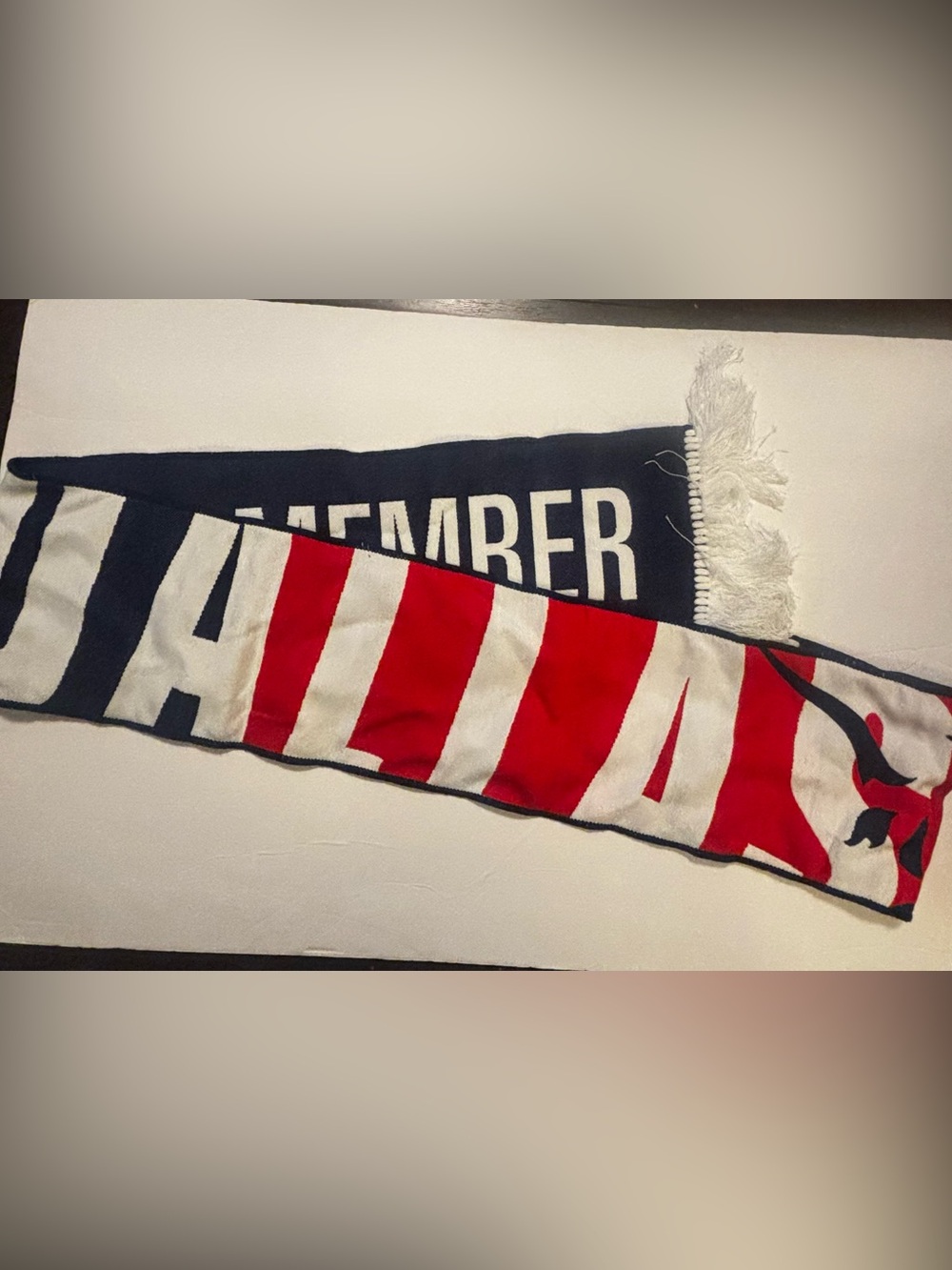 Red and White Striped Scarf with Navy Lettering